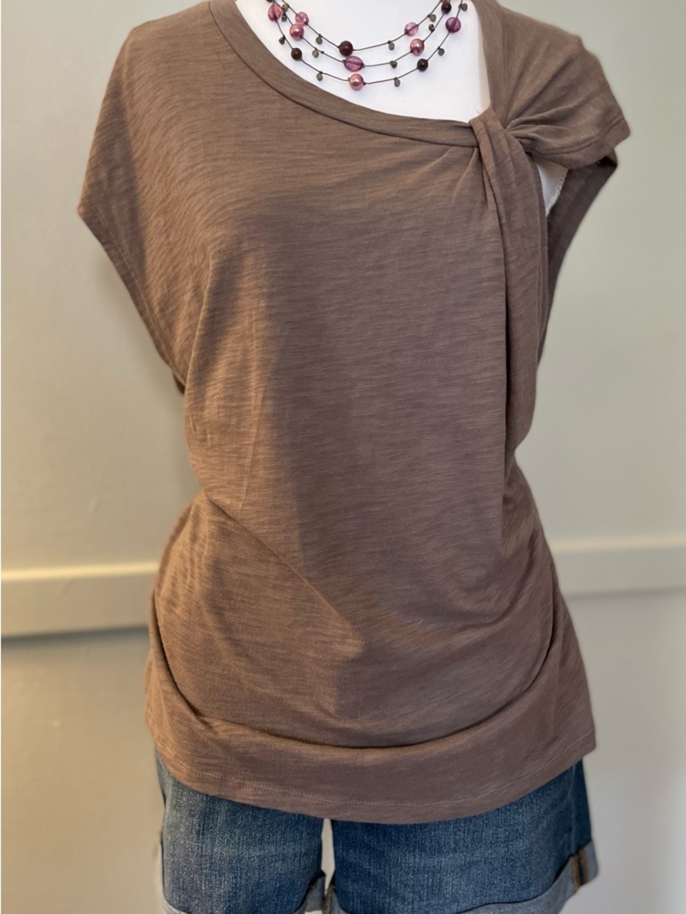 GAP Women’s Knot-Shoulder Cap Sleeve Top in Taupe